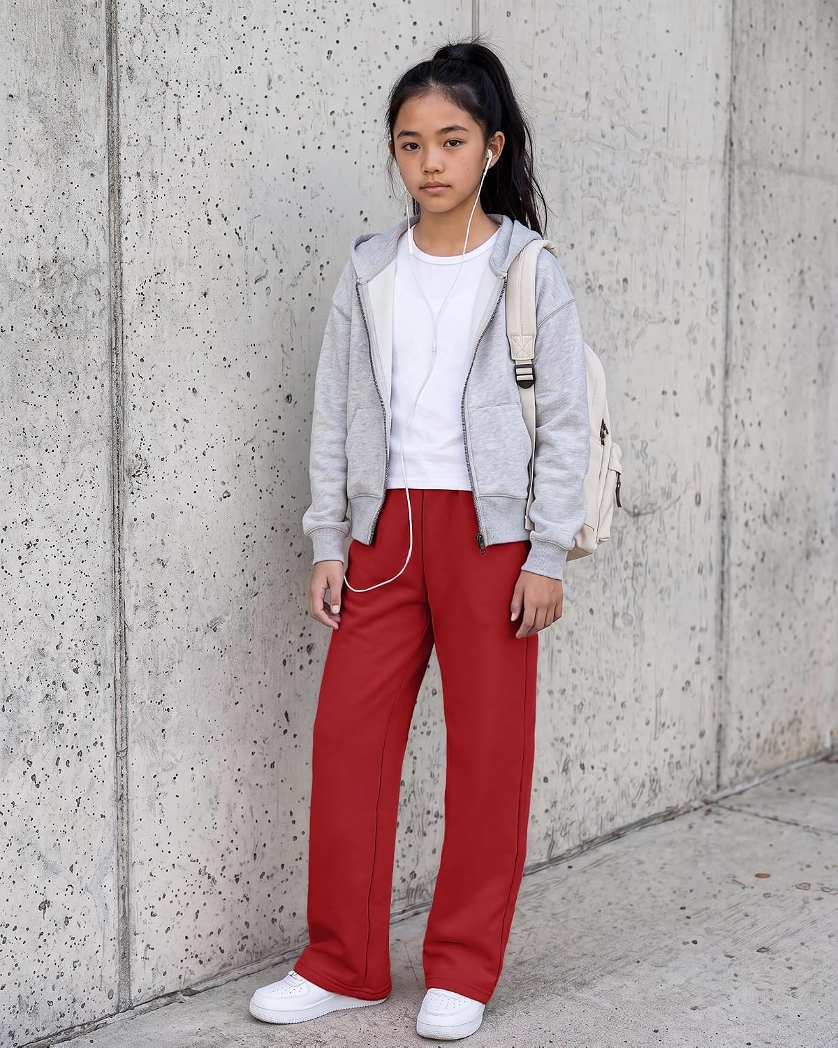 Girls’ Wide-leg Fleece Sweatpants,Soft, with Front Pockets, Warm Loose Fit(Red)