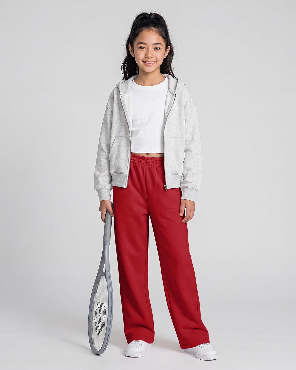 Girls’ Wide-leg Fleece Sweatpants,Soft, with Front Pockets, Warm Loose Fit(Red)