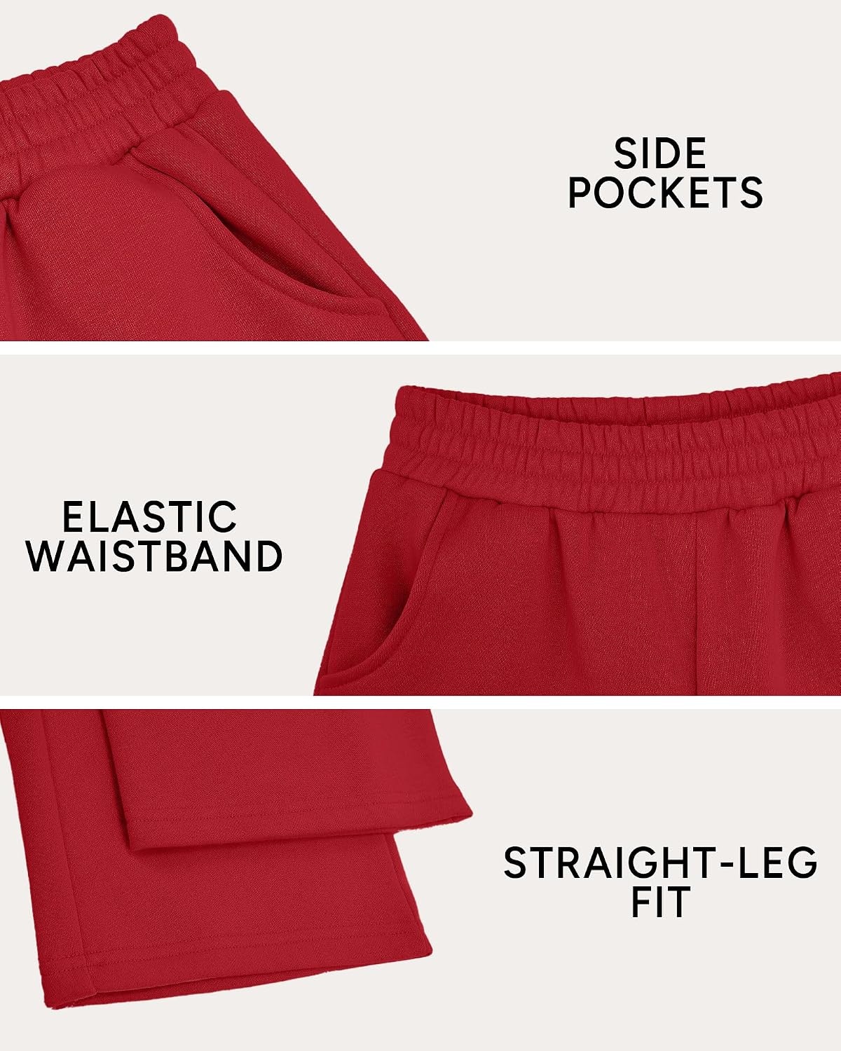 Girls’ Wide-leg Fleece Sweatpants,Soft, with Front Pockets, Warm Loose Fit(Red)