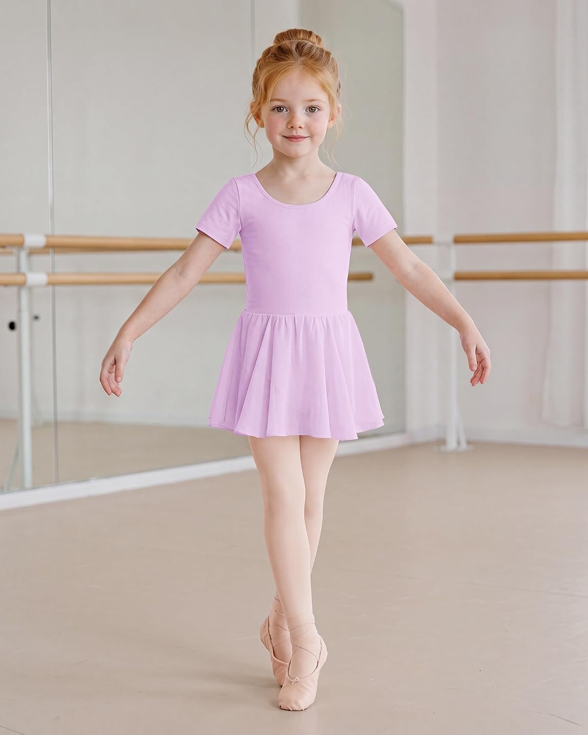 Stelle Girls Criss-Cross Back Leotards Skirt with Tights for Ballet/Dance | Short sleeve leotards, Crew neck, Soft, Breathable, Dress outfits, High elasticity & durable, Ballet pink footed tights(Lavender)