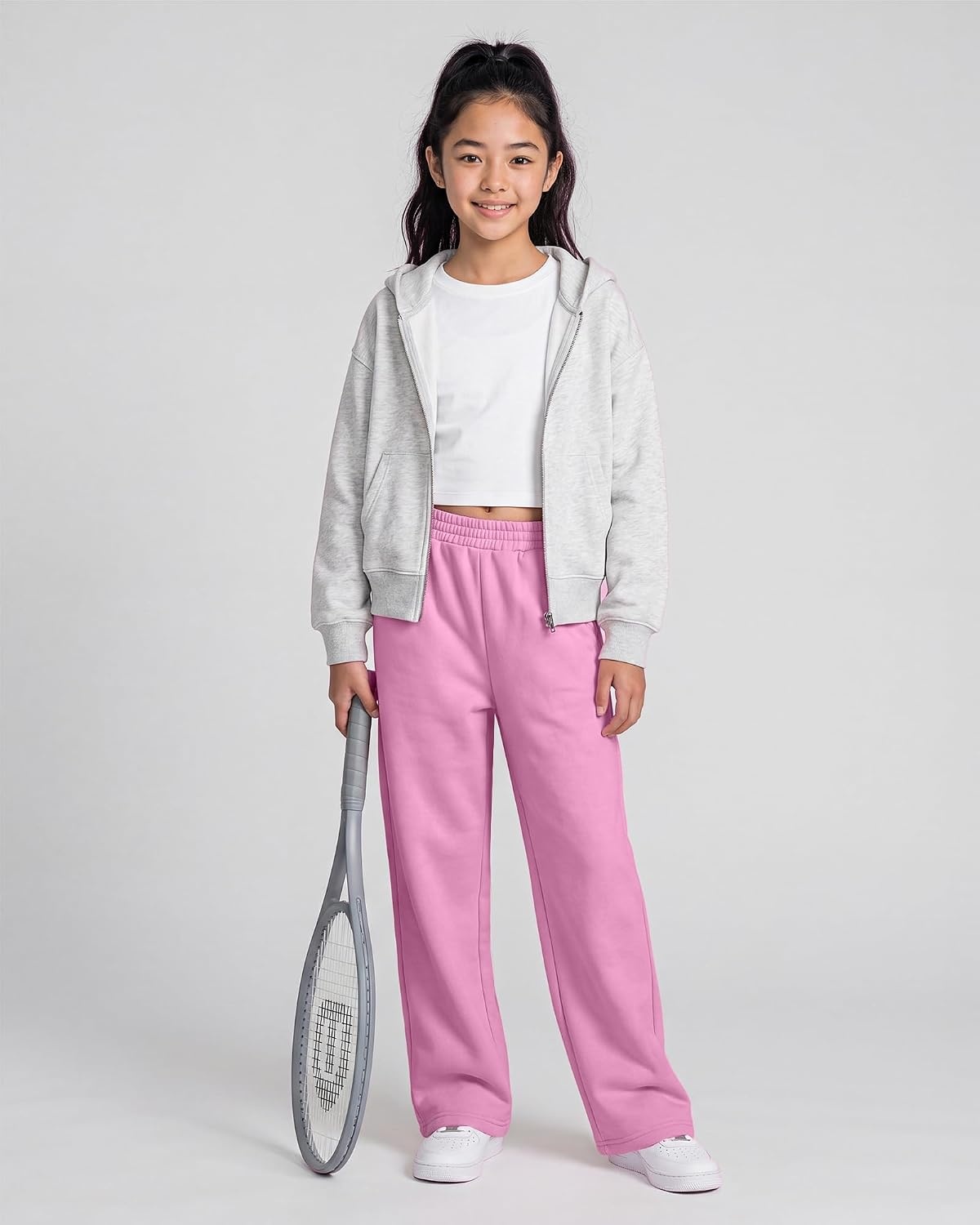 Girls’ Wide-leg Fleece Sweatpants,Soft, with Front Pockets, Warm Loose Fit(Pink)