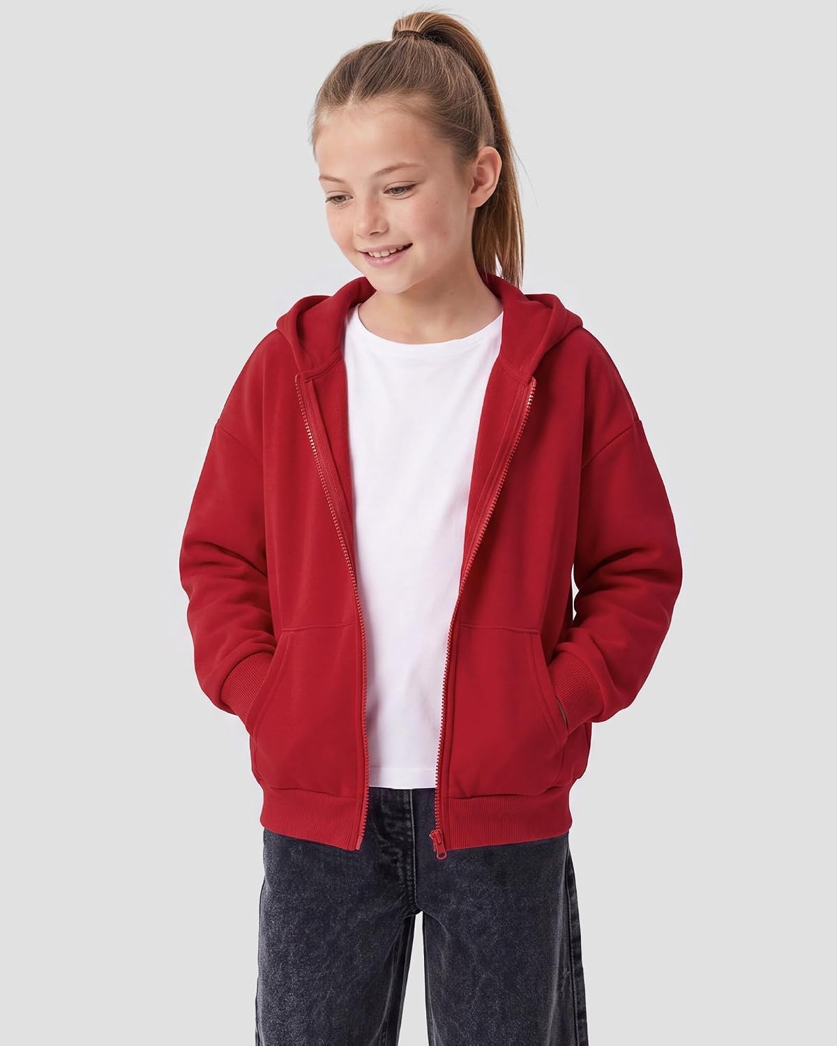 Stelle Girls Zip Up Hoodie Kids Casual Fleece Sweatshirt with Pocket(Red)