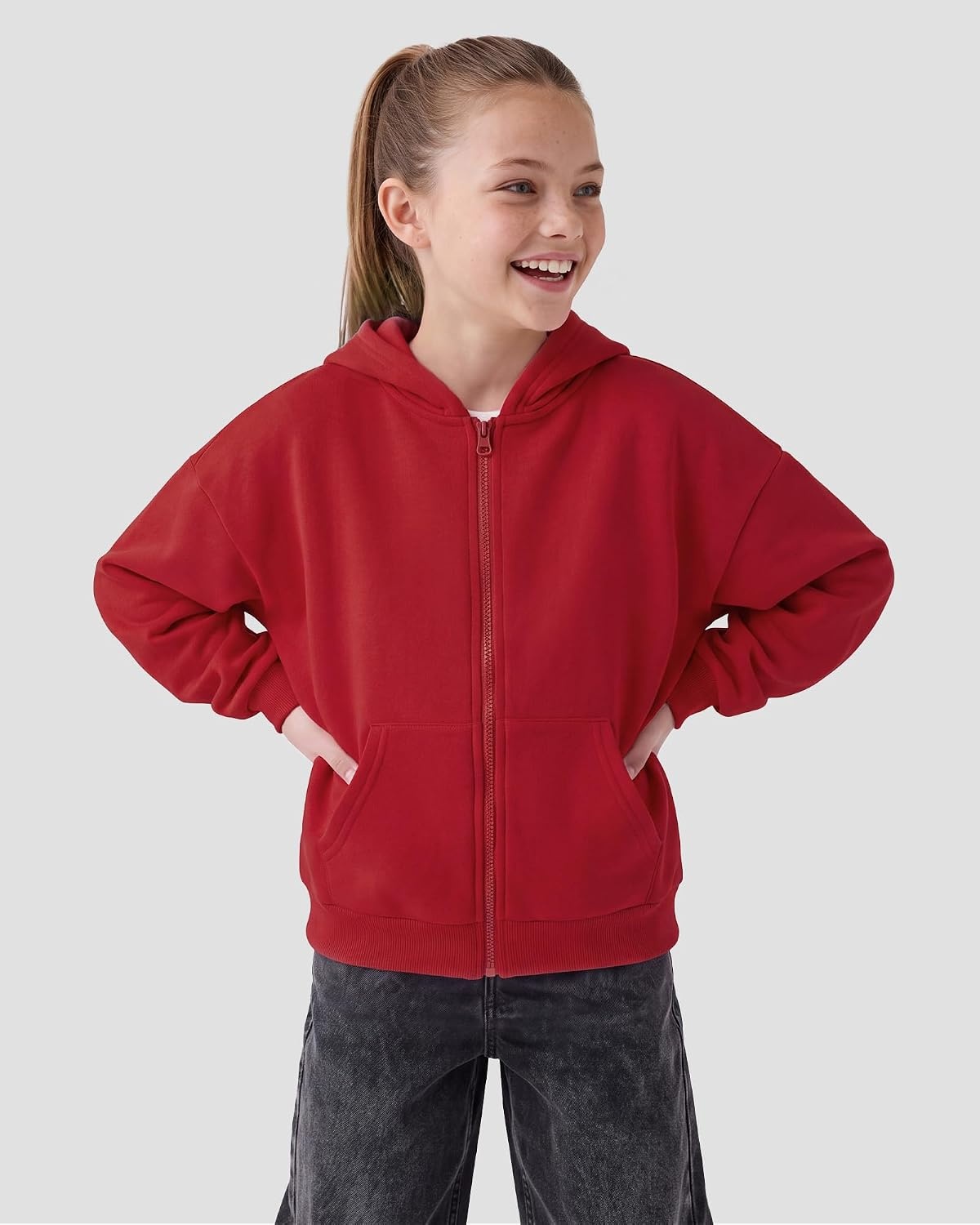 Stelle Girls Zip Up Hoodie Kids Casual Fleece Sweatshirt with Pocket(Red)