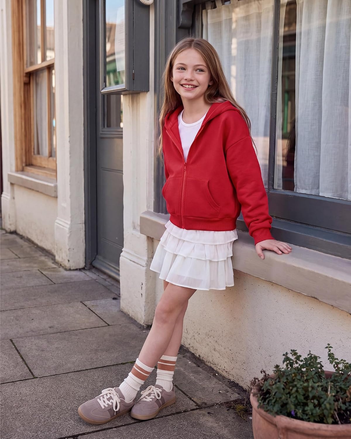 Stelle Girls Zip Up Hoodie Kids Casual Fleece Sweatshirt with Pocket(Red)