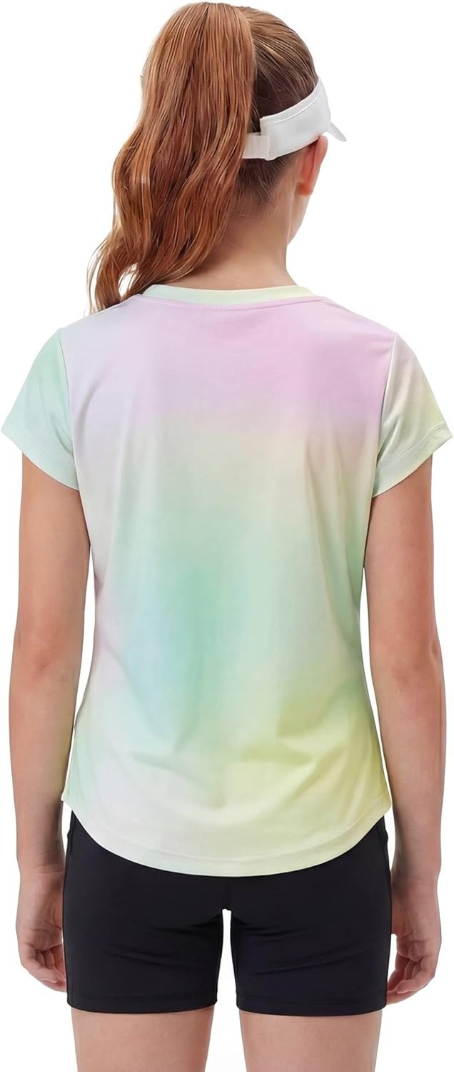 Stelle Athletic Shirts for Girls Short Sleeve Active T Shirts Sports Crewneck Dry Fit Tops Kids Teens Gym Workout Summer Tee(Rainbow Wash)