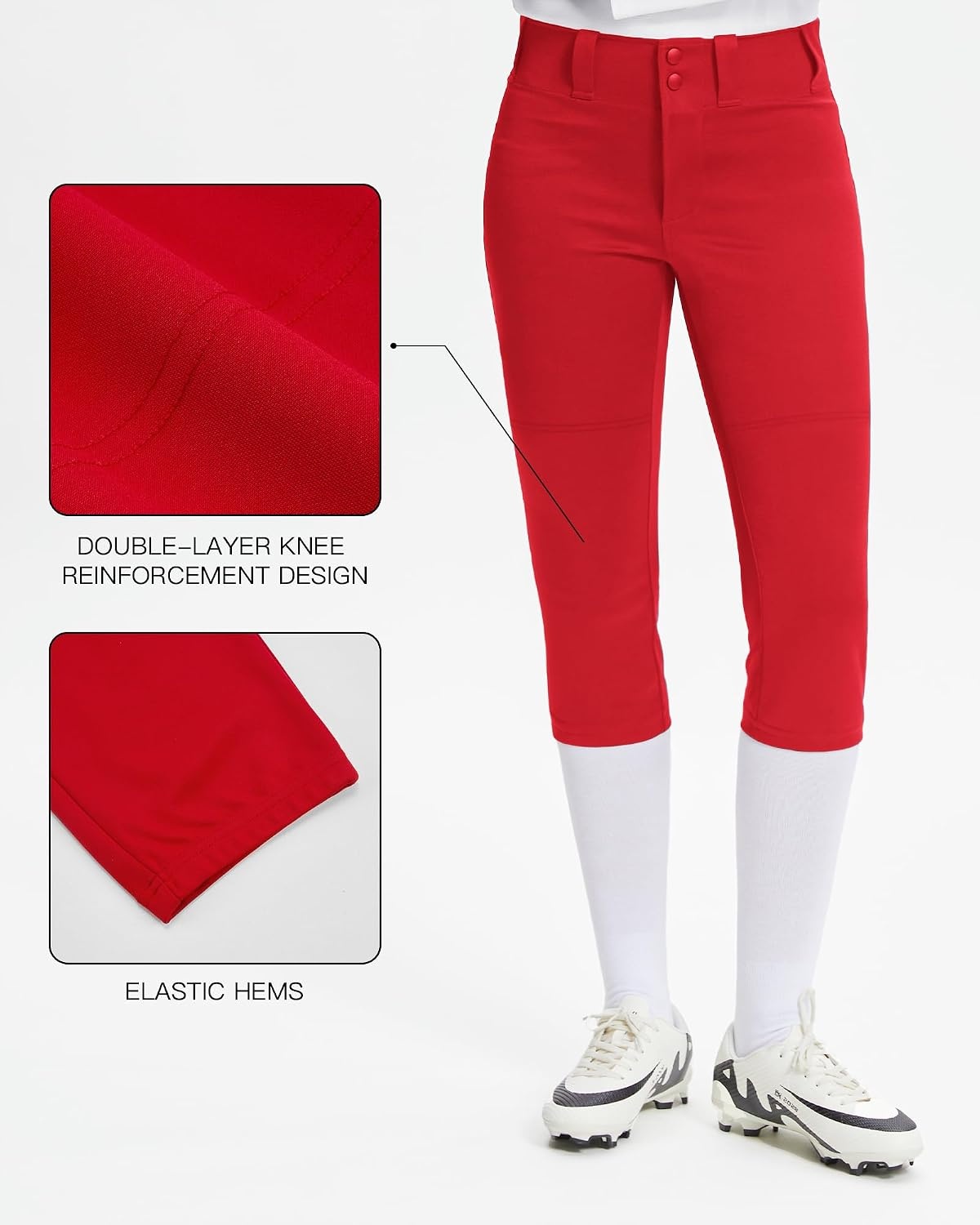 Stelle Womens Softball Pants Knee-High Knickers with Pocket Fastpitch Adult | Belt Loops, Abrasion-resistant, Double Knee Performance, Durable, Practice, Game Day, Elastic Leg Openings(Red)