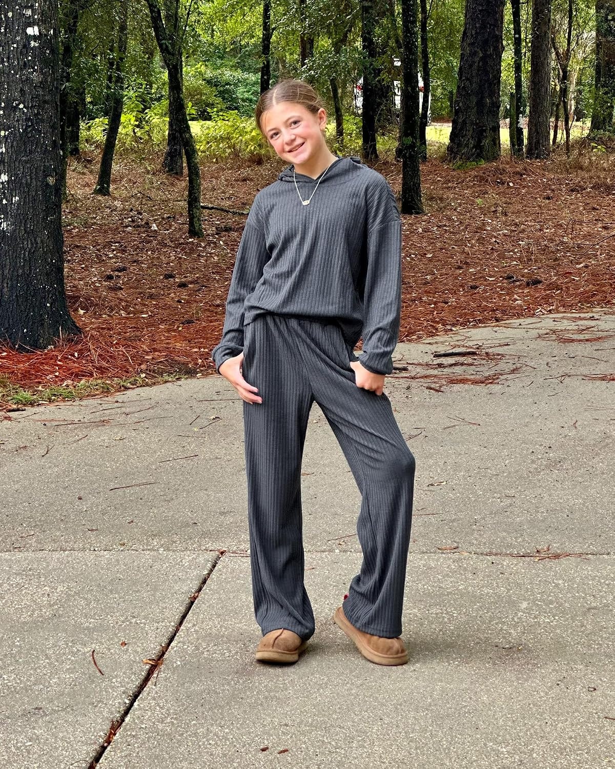 Stelle Girls Clothes 2 Piece Fall Outfits Lounge Set Long Sleeve Pullover Hoodie Wide Leg Sweatpants Teen Ribbed Tracksuit(Charcoal)
