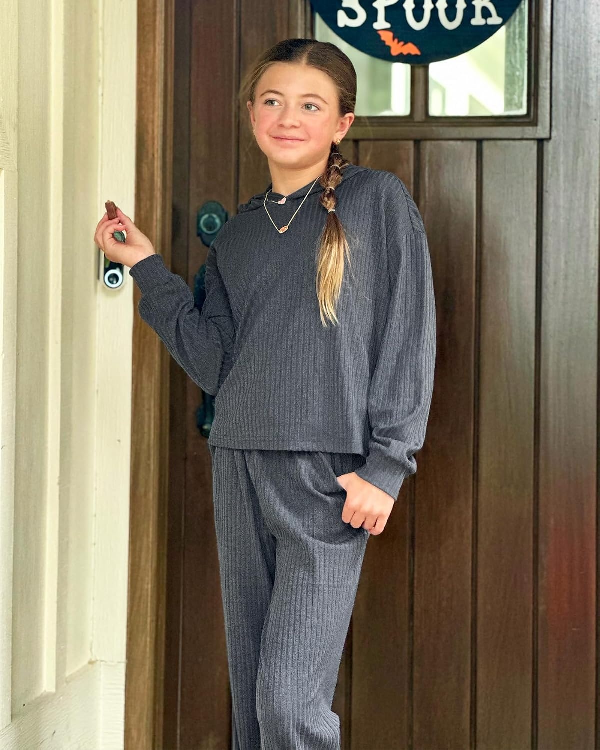 Stelle Girls Clothes 2 Piece Fall Outfits Lounge Set Long Sleeve Pullover Hoodie Wide Leg Sweatpants Teen Ribbed Tracksuit(Charcoal)
