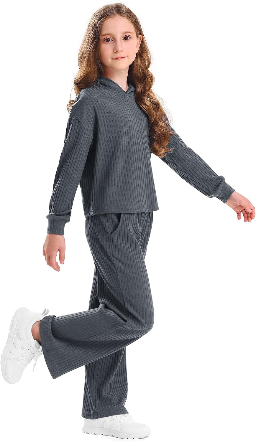 Stelle Girls 2 Piece Fall Outfits Lounge Set 5-15 Y | Sweatpants with Pockets,Ribbed Long Sleeve Pullover Hoodie,Elastic Waist,Stretch Lightweight Comfortable Easy Pull On(Charcoal)