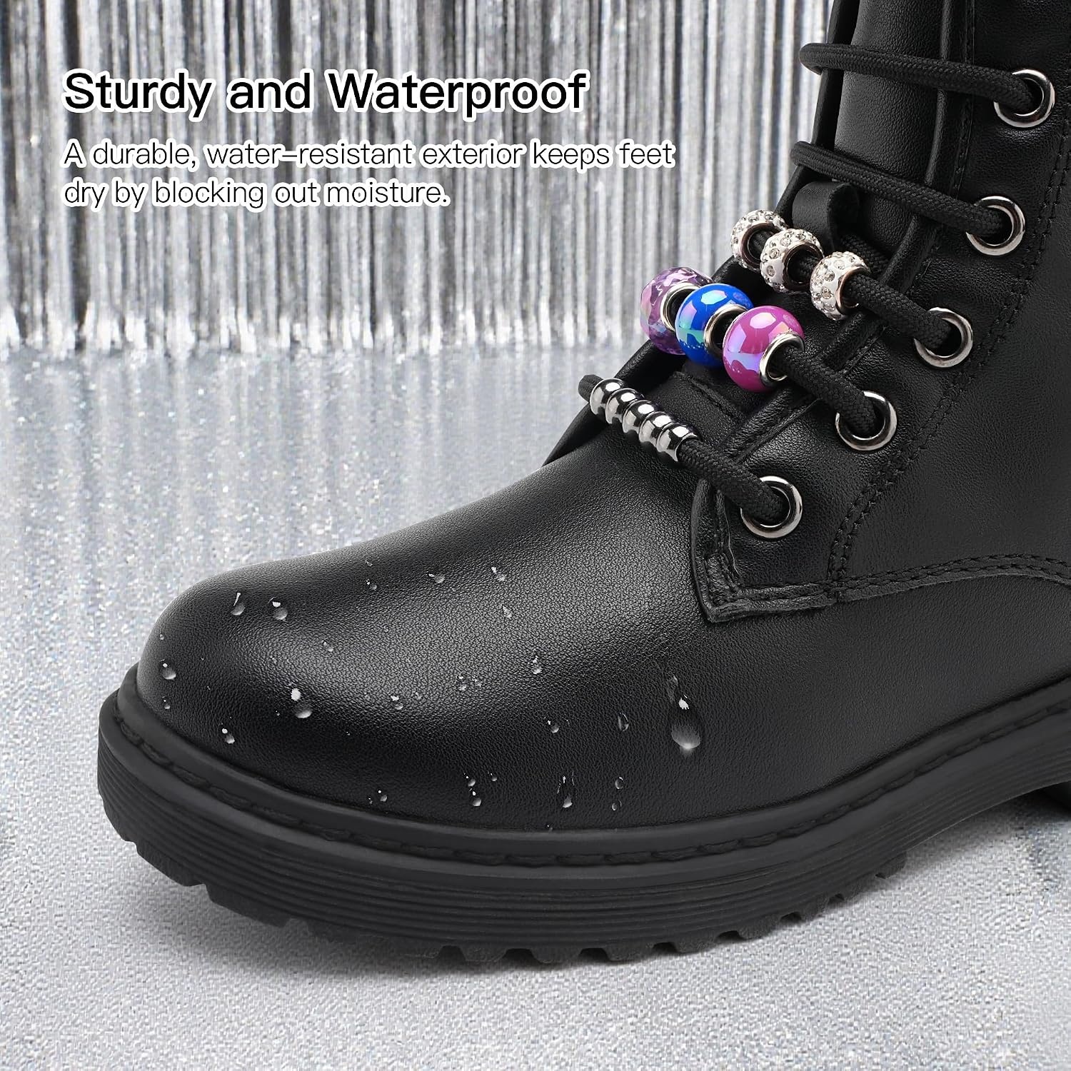 Stelle Girls Combat Boots with DIY Lace Up Side Zipper Ankle Boots(Black)