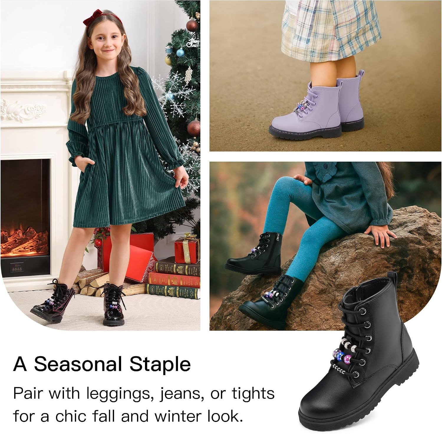 Stelle Girls Combat Boots with DIY Lace Up Side Zipper Ankle Boots(Black)