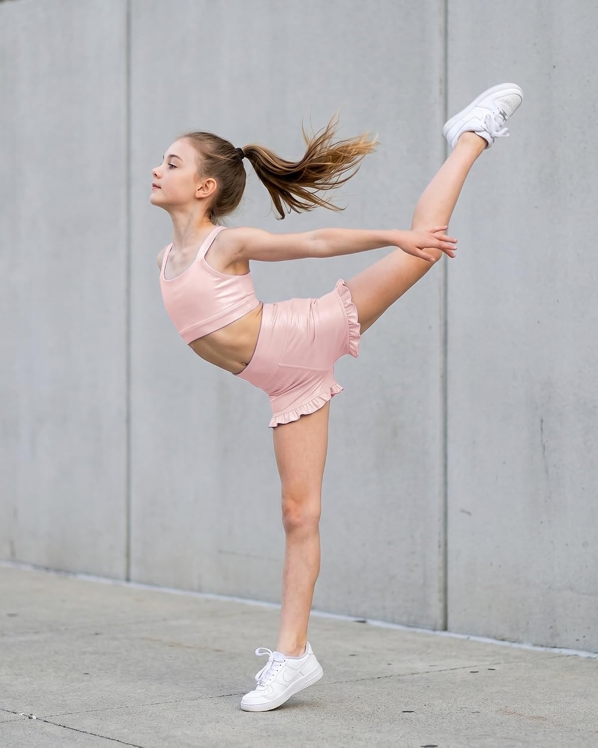 Stelle Girls Metallic Dance Tops Shiny Athletic Crop Tank Cross Back(Pink)