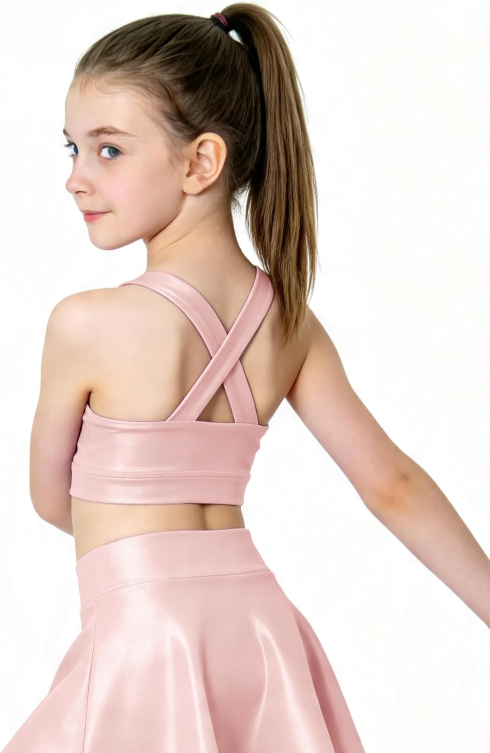 Stelle Girls Metallic Dance Tops Shiny Athletic Crop Tank Cross Back(Pink)