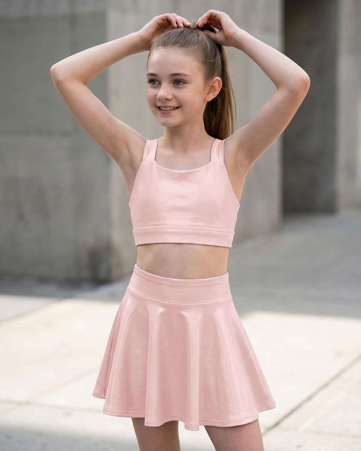 Stelle Girls Metallic Dance Tops Shiny Athletic Crop Tank Cross Back(Pink)