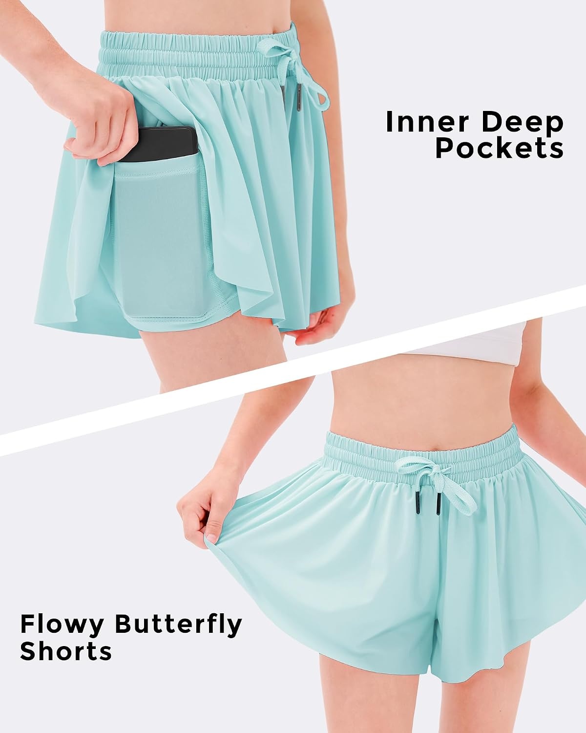 Stelle Girls Butterfly Shorts with Pockets Athletic Running Sports Skirt(Light Blue)