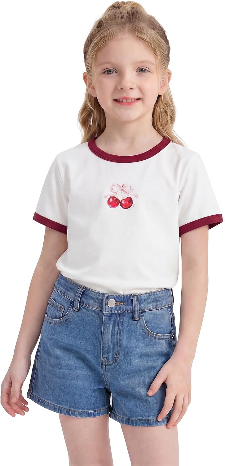 Stelle Girls Graphic Tees Short Sleeve Girls Shirts Cute Tops Crew Neck Casual Basic Summer T-Shirt for Kids Teen 4-15 Years(Cherry|white)