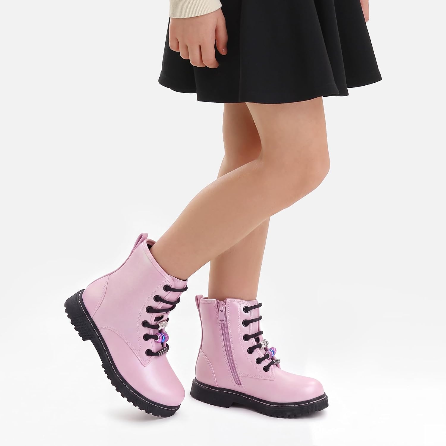 Stelle Girls Combat Boots with DIY Lace Up Side Zipper Ankle Boots(Iridescent Pink)