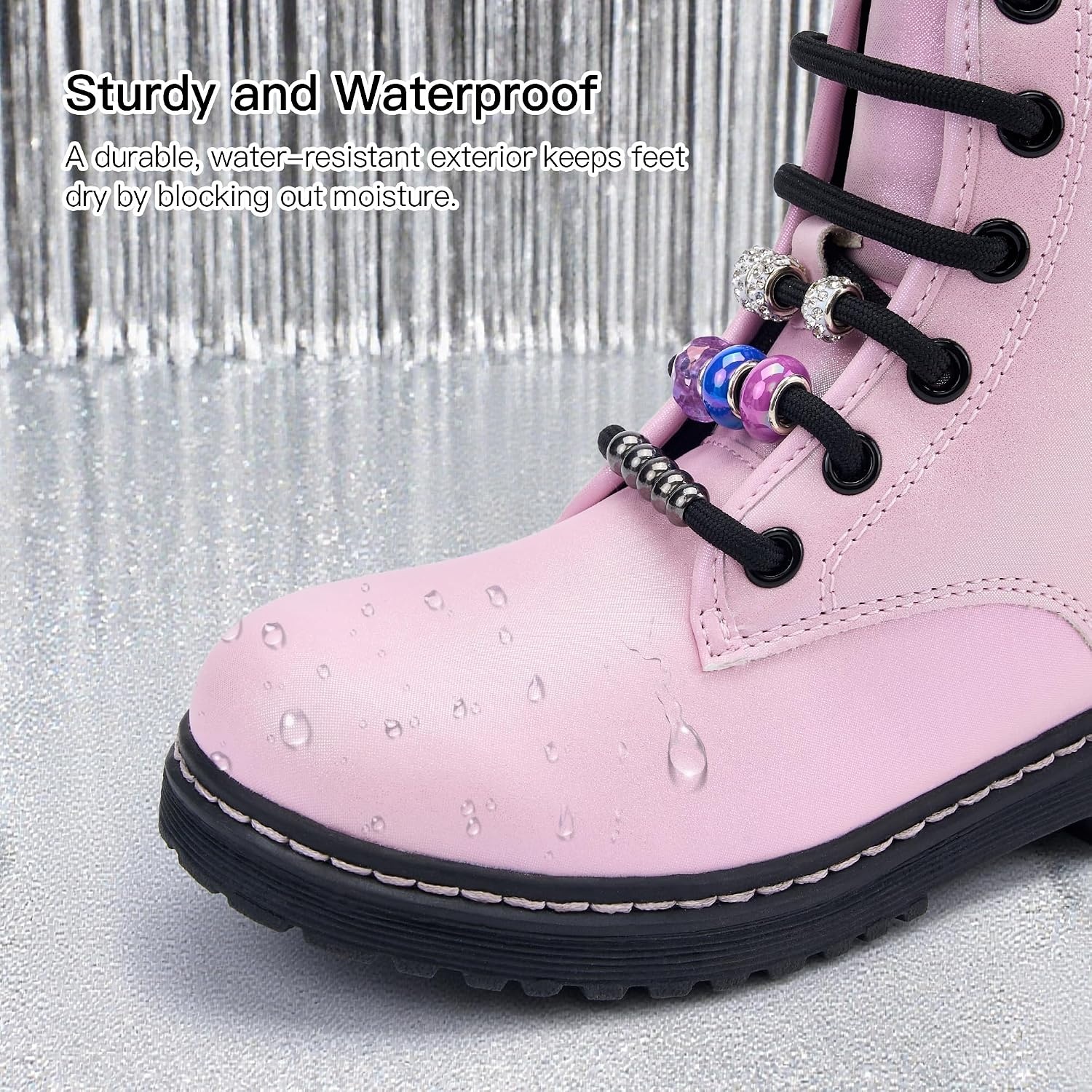 Stelle Girls Combat Boots with DIY Lace Up Side Zipper Ankle Boots(Iridescent Pink)