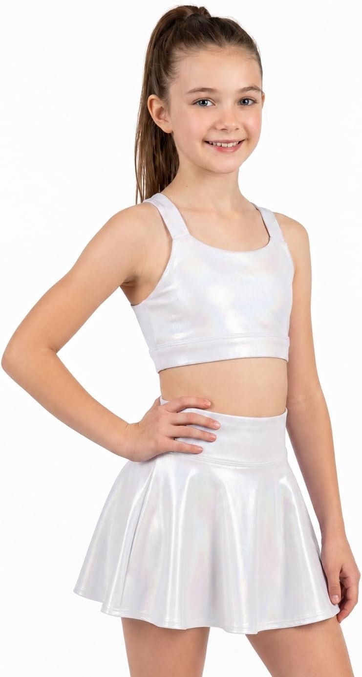 Stelle Girls Metallic Dance Tops Shiny Athletic Crop Tank Cross Back(White)