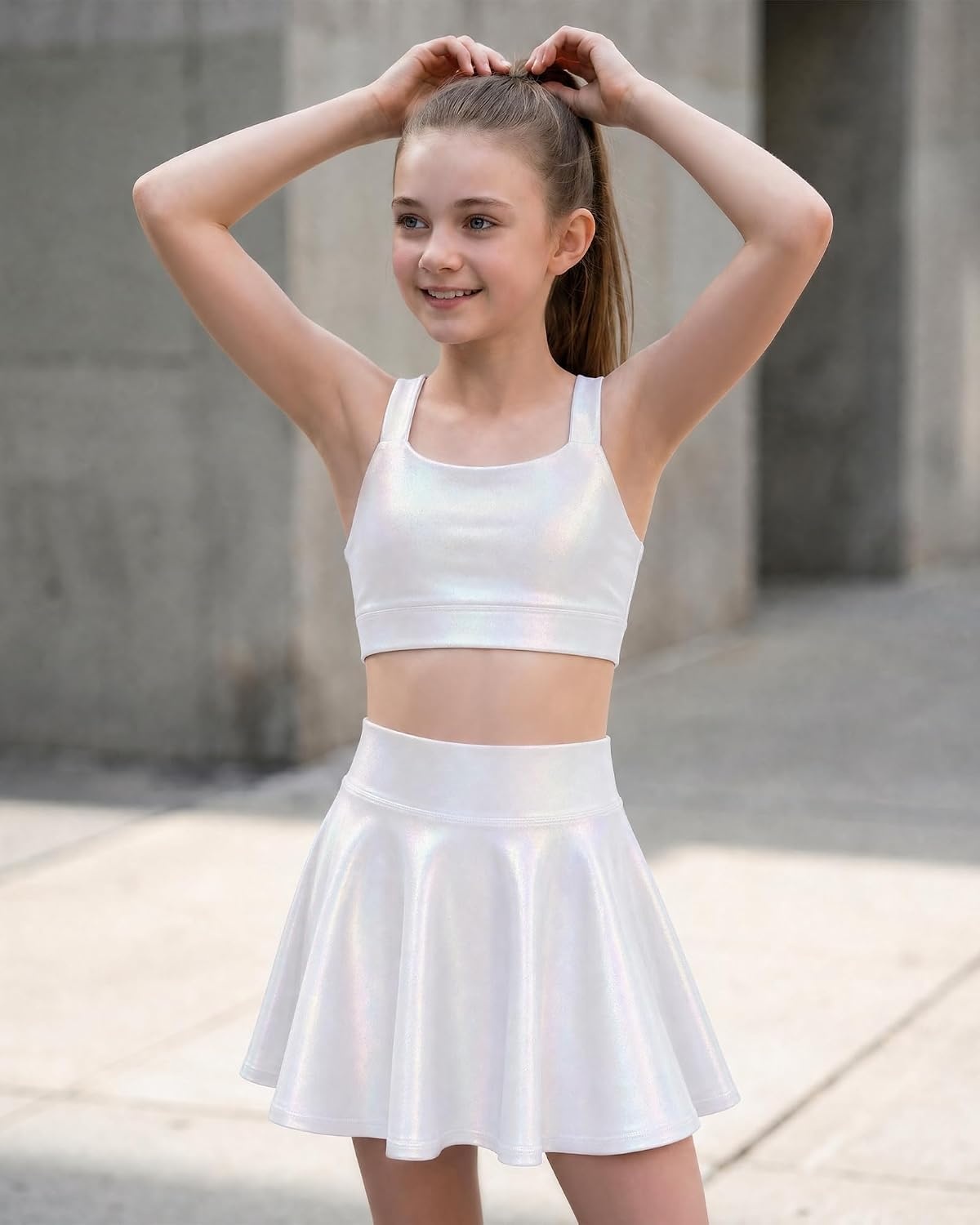 Stelle Girls Metallic Dance Tops Shiny Athletic Crop Tank Cross Back(White)