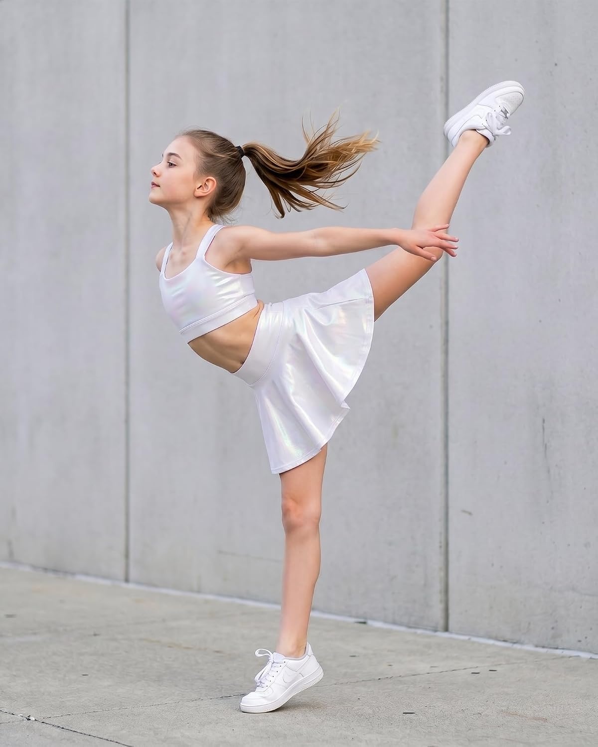 Stelle Girls Metallic Dance Tops Shiny Athletic Crop Tank Cross Back(White)