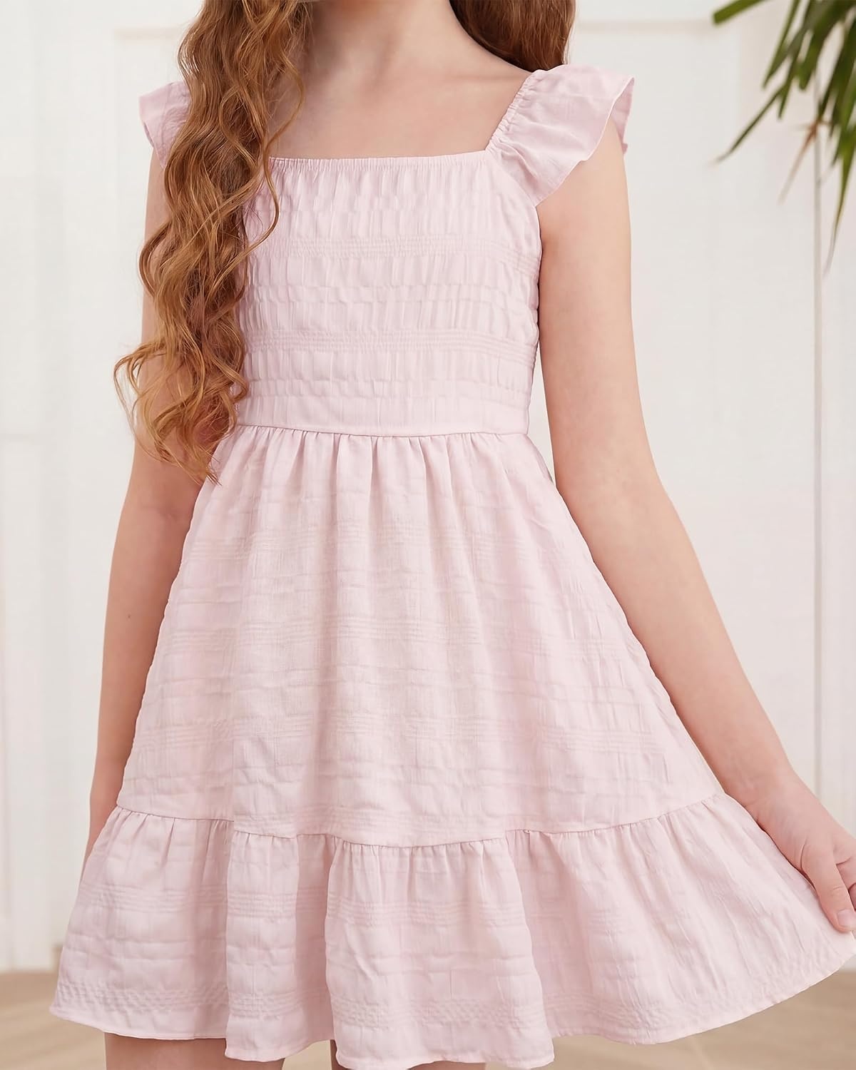 Stelle Girls Square Neck Flutter Sleeve Tie Back Dress 5-15 Y(Light Pink)