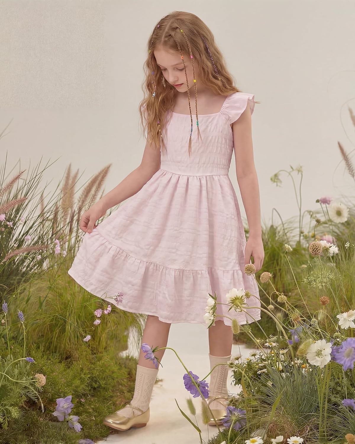 Stelle Girls Square Neck Flutter Sleeve Tie Back Dress 5-15 Y(Light Pink)