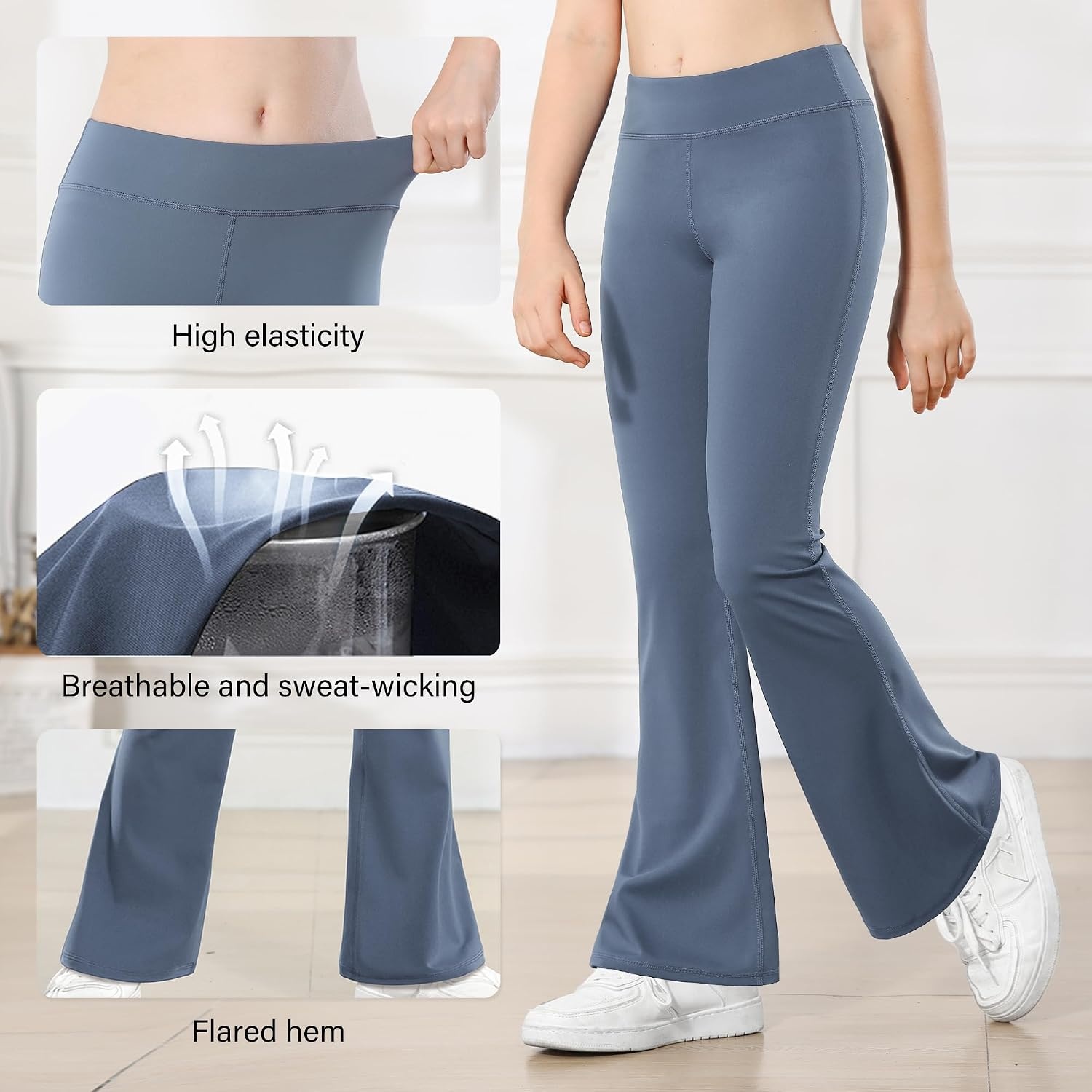 Stelle Girls Flare Leggings High Waisted for Dance Yoga School Daily Wear | Buttery-Soft,Breathable 4-way stretch fabric with flared design,Moisture-wicking comfort for yoga,Dance,School casual outfit(1pc Grey Blue)