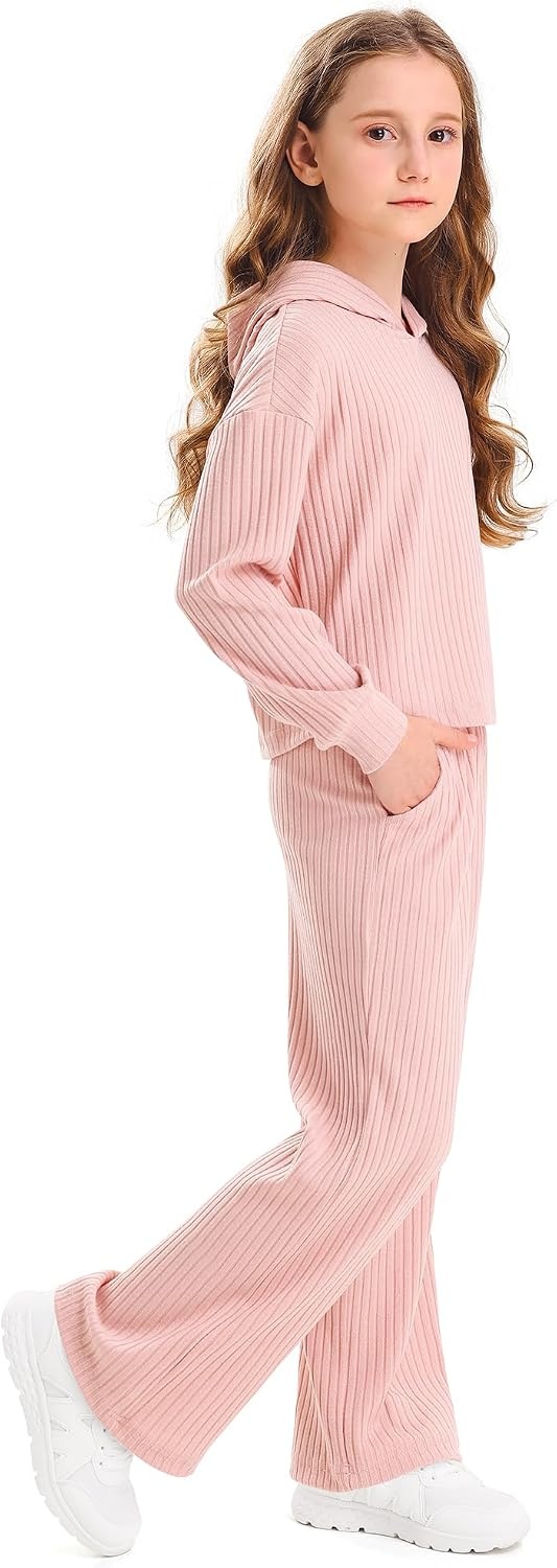 Stelle Girls Clothes 2 Piece Fall Outfits Lounge Set Long Sleeve Pullover Hoodie Wide Leg Sweatpants Teen Ribbed Tracksuit(Pink)