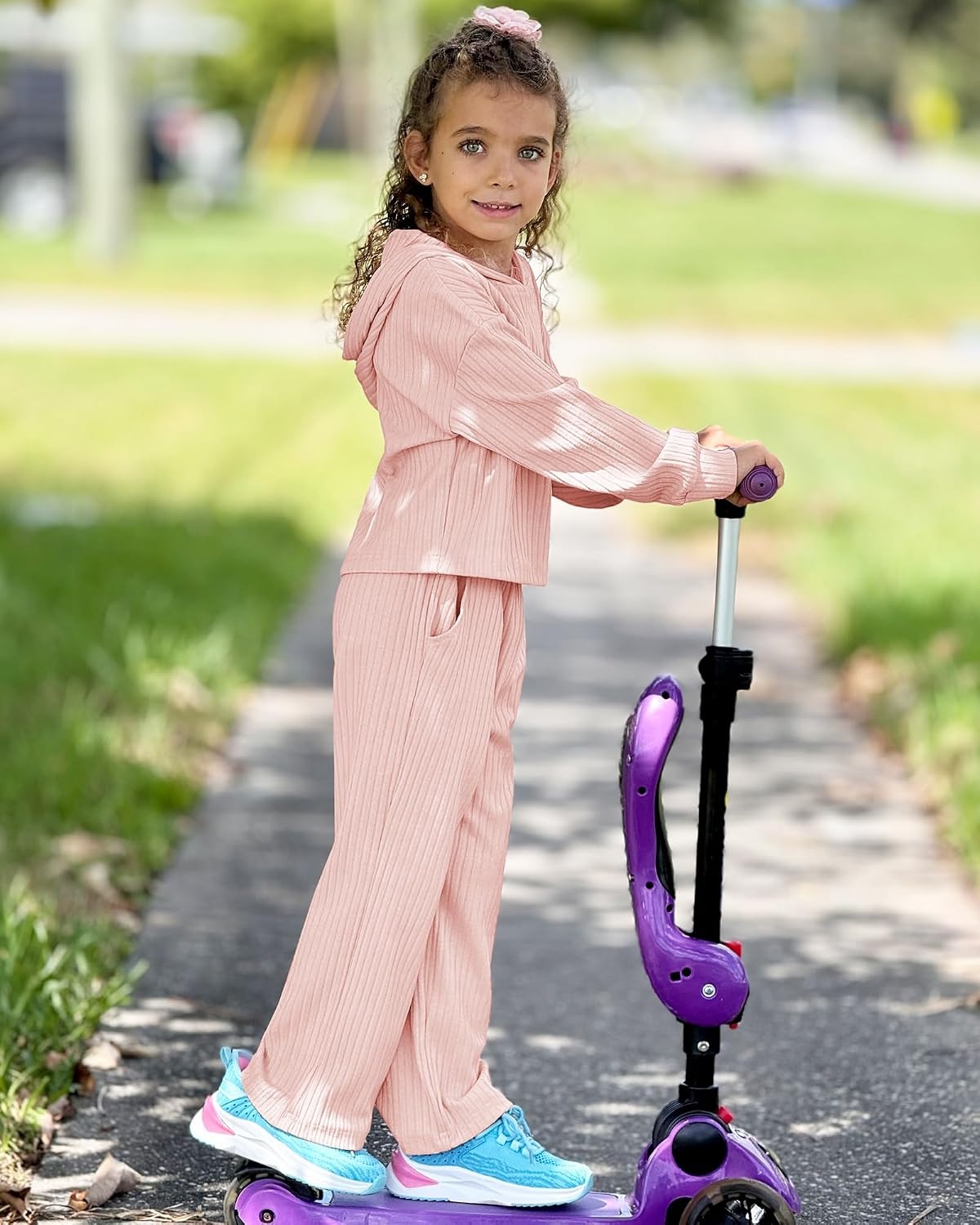 Stelle Girls Clothes 2 Piece Fall Outfits Lounge Set Long Sleeve Pullover Hoodie Wide Leg Sweatpants Teen Ribbed Tracksuit(Pink)
