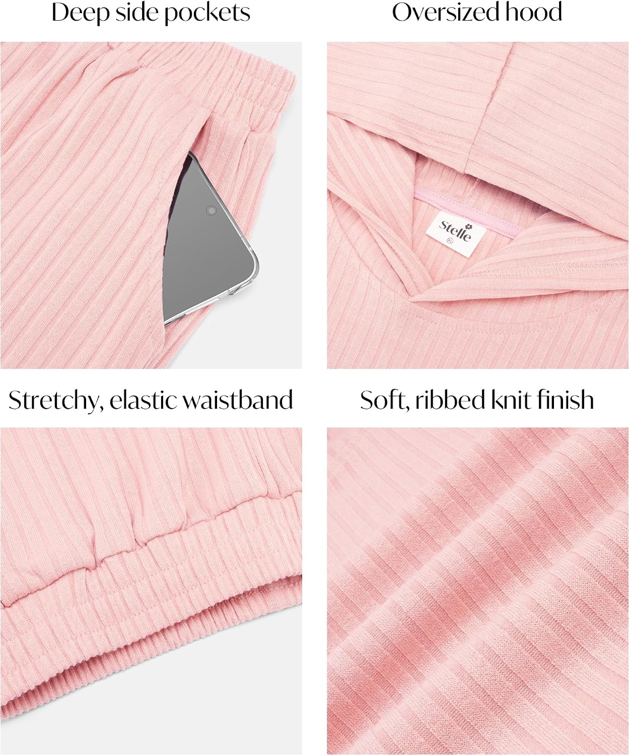 Stelle Girls Clothes 2 Piece Fall Outfits Lounge Set Long Sleeve Pullover Hoodie Wide Leg Sweatpants Teen Ribbed Tracksuit(Pink)