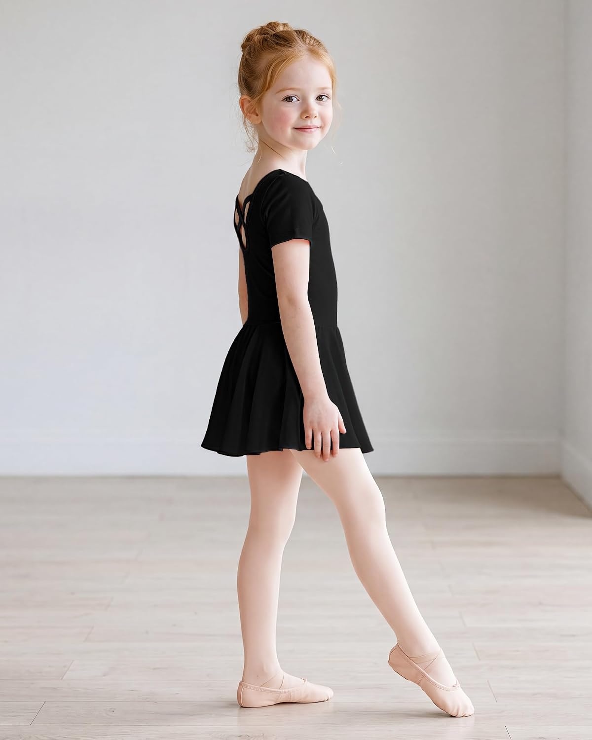Stelle Girls Criss-Cross Back Leotards Skirt with Tights for Ballet/Dance | Short sleeve leotards, Crew neck, Soft, Breathable, Dress outfits, High elasticity & durable, Ballet pink footed tights(Black)