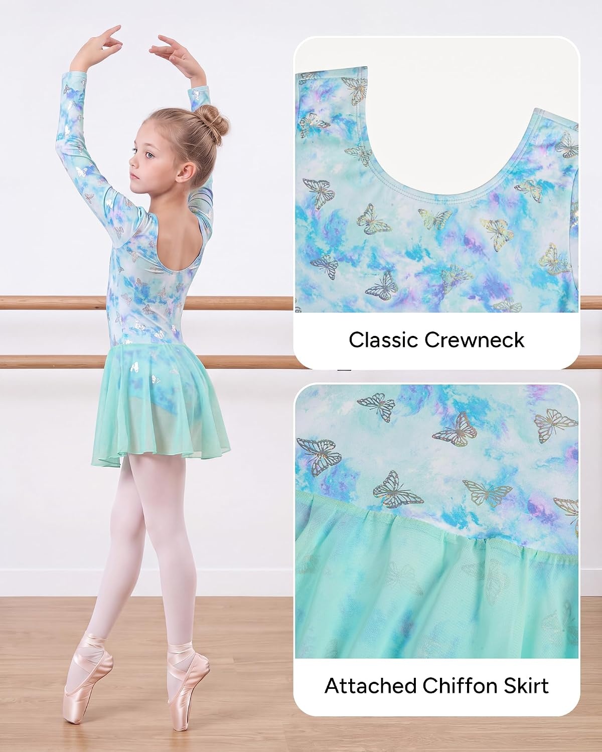 Stelle Long Sleeve Ballet Leotards for Girls Toddler Ballerina Dance Dress(Butterfly Mist)