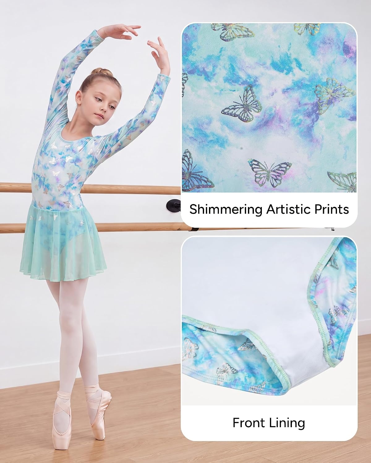Stelle Long Sleeve Ballet Leotards for Girls Toddler Ballerina Dance Dress(Butterfly Mist)
