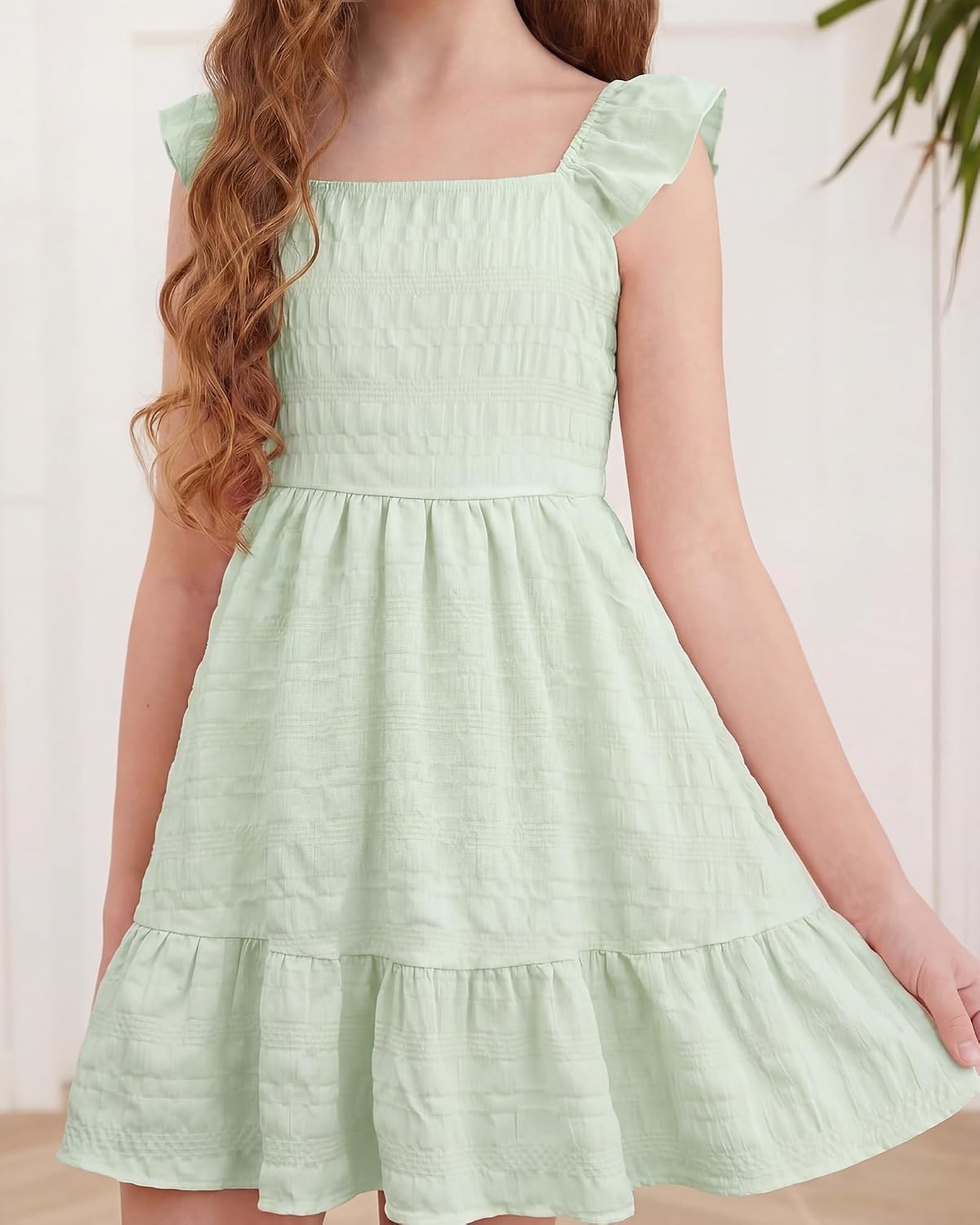 Stelle Girls Square Neck Flutter Sleeve Tie Back Dress 5-15 Y(Pastel Green)