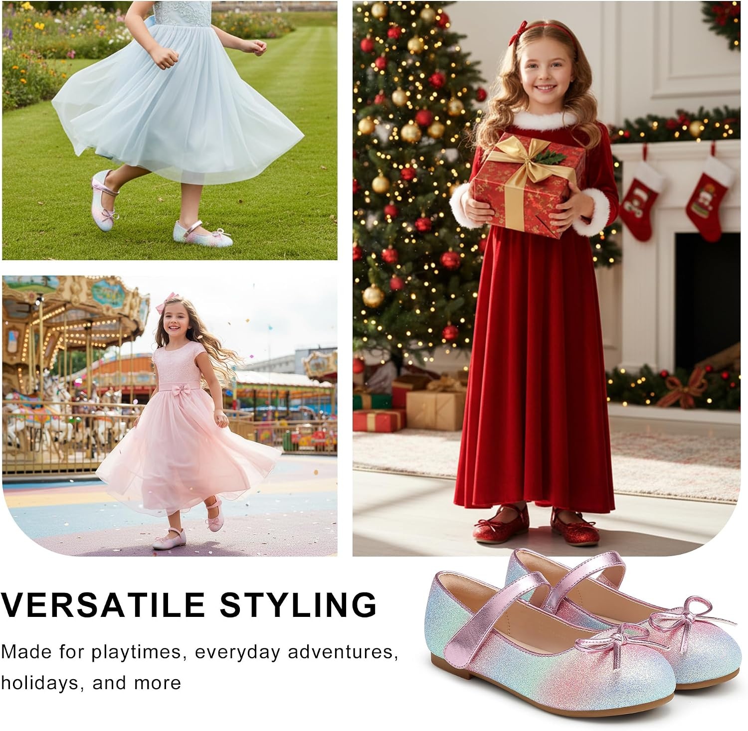 Stelle Girls Dress Shoes Mary Jane Flats for School Party Flower Girl(Unicorn Dust)