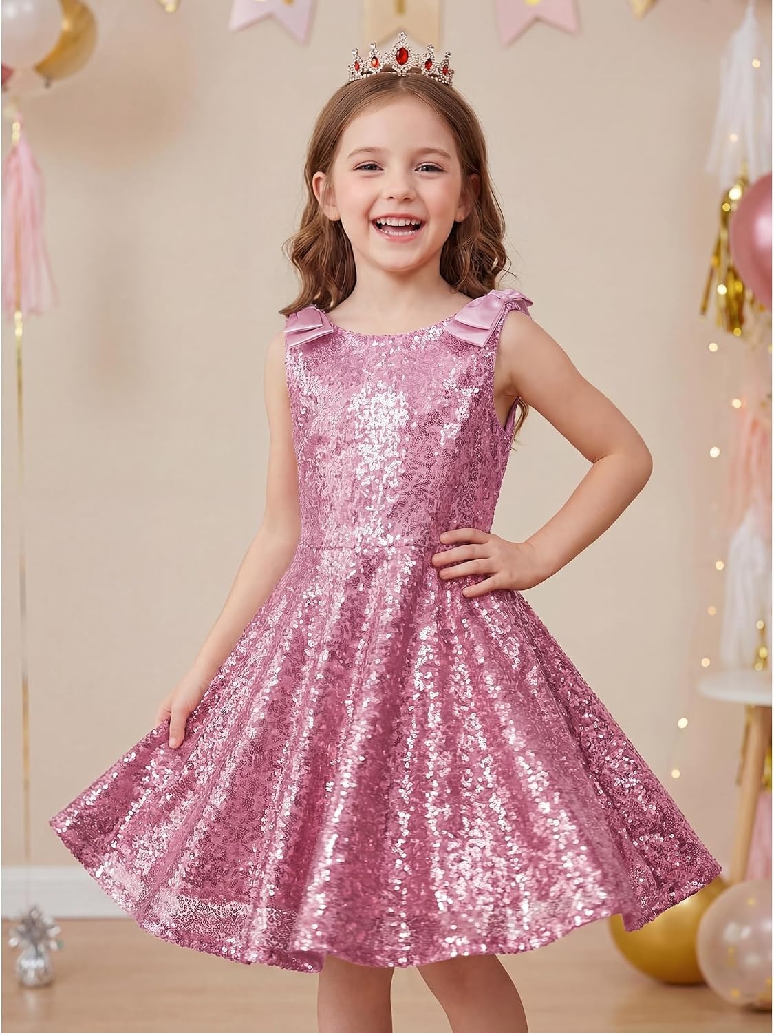 Stelle Girls Sequin Dress Sleeveless A-Line Sparkly Dresses 5-15 Y(Pink)