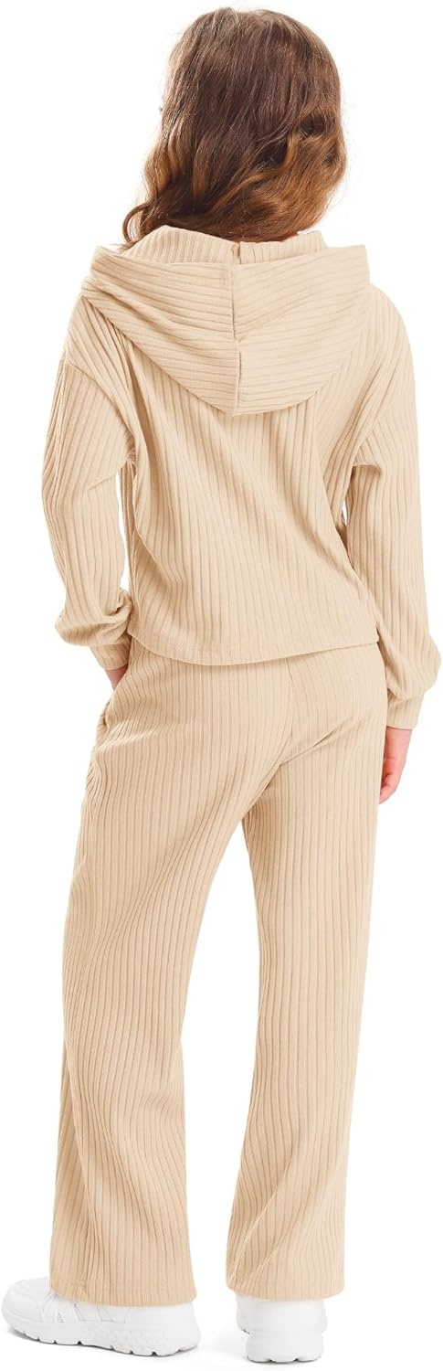 Stelle Girls Clothes 2 Piece Fall Outfits Lounge Set Long Sleeve Pullover Hoodie Wide Leg Sweatpants Teen Ribbed Tracksuit(Beige)