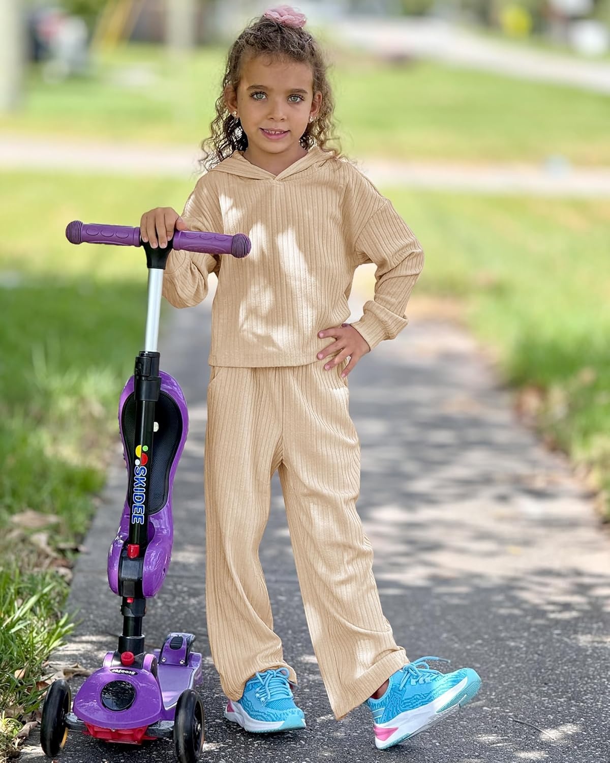 Stelle Girls Clothes 2 Piece Fall Outfits Lounge Set Long Sleeve Pullover Hoodie Wide Leg Sweatpants Teen Ribbed Tracksuit(Beige)