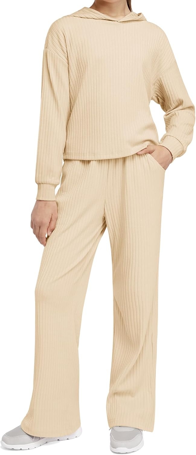 Stelle Girls Clothes 2 Piece Fall Outfits Lounge Set Long Sleeve Pullover Hoodie Wide Leg Sweatpants Teen Ribbed Tracksuit(Beige)