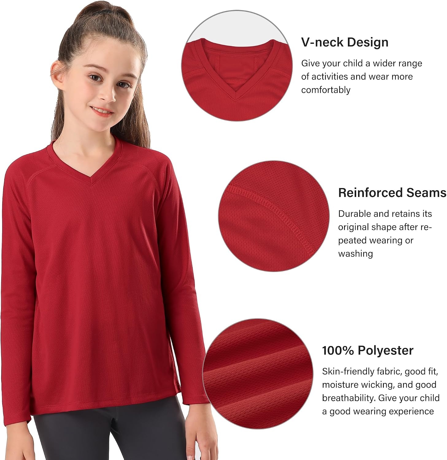 Stelle Youth Girls Athletic Performance Long Sleeve Shirts V Neck Moisture Wicking Base Layer Undershirt(Red)