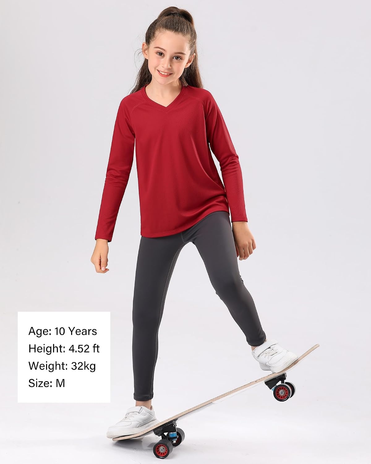 Stelle Youth Girls Athletic Performance Long Sleeve Shirts V Neck Moisture Wicking Base Layer Undershirt(Red)