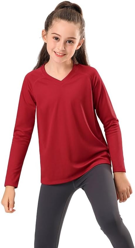 Stelle Youth Girls Athletic Performance Long Sleeve Shirts V Neck Moisture Wicking Base Layer Undershirt(Red)