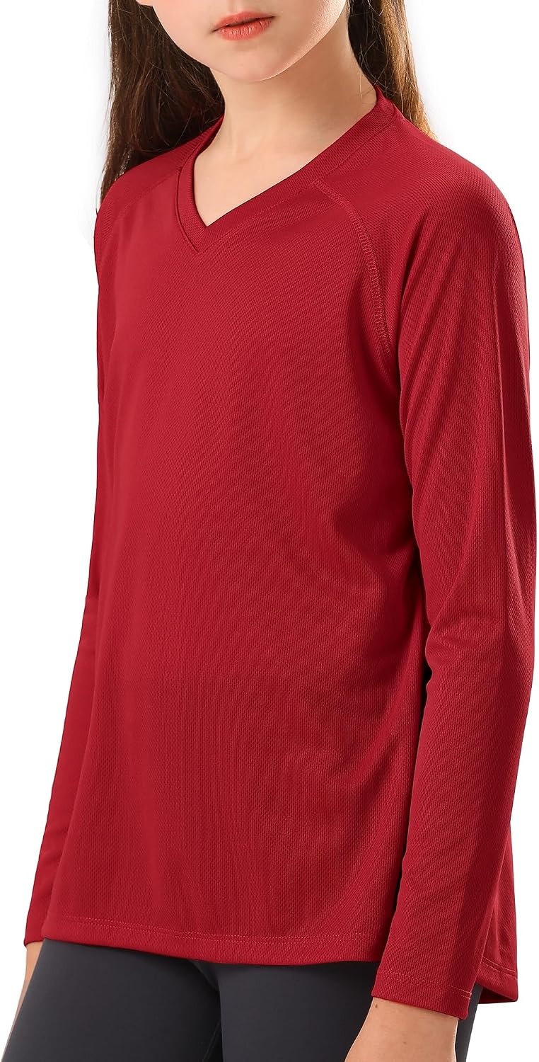 Stelle Youth Girls Athletic Performance Long Sleeve Shirts V Neck Moisture Wicking Base Layer Undershirt(Red)