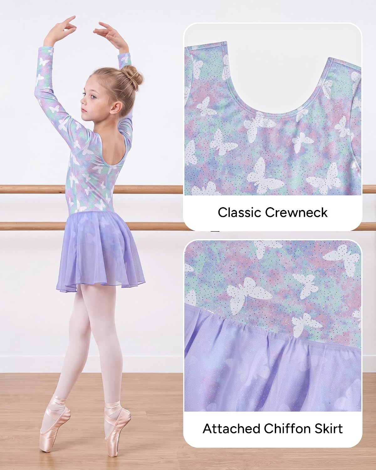 Stelle Long Sleeve Ballet Leotards for Girls Toddler Ballerina Dance Dress(Magic Flutter)