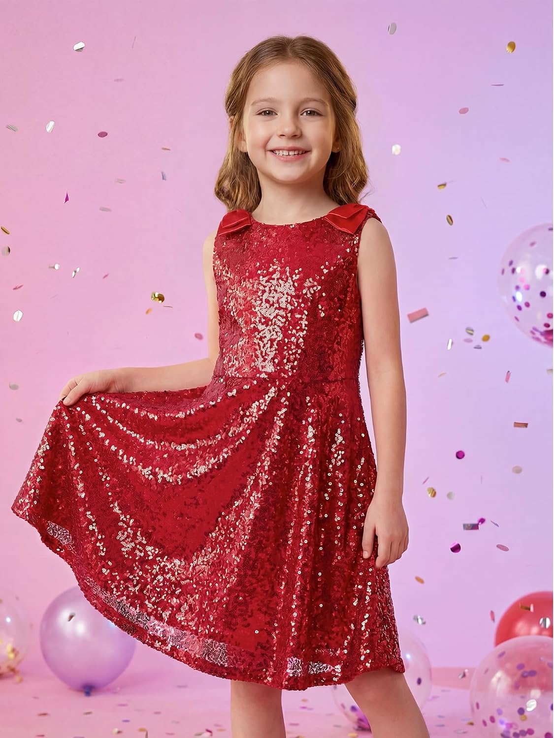 Stelle Girls Sequin Dress Sleeveless A-Line Sparkly Dresses 5-15 Y(Red)