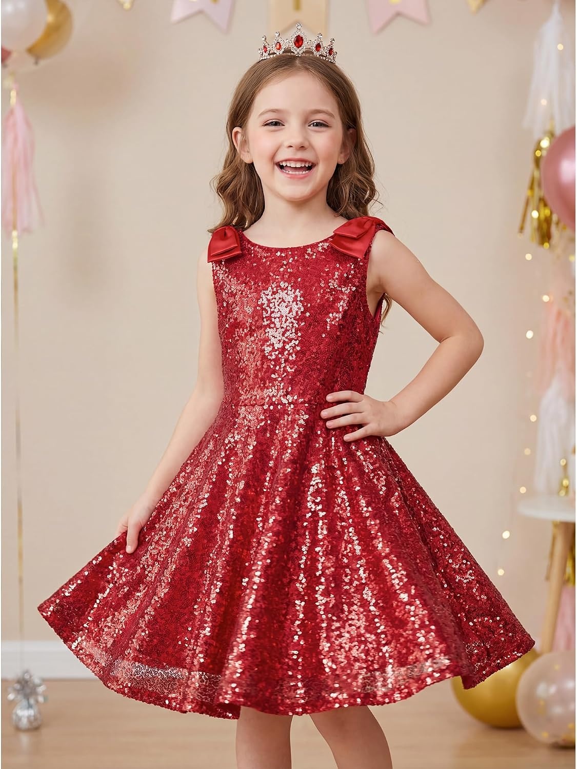 Stelle Girls Sequin Dress Sleeveless A-Line Sparkly Dresses 5-15 Y(Red)