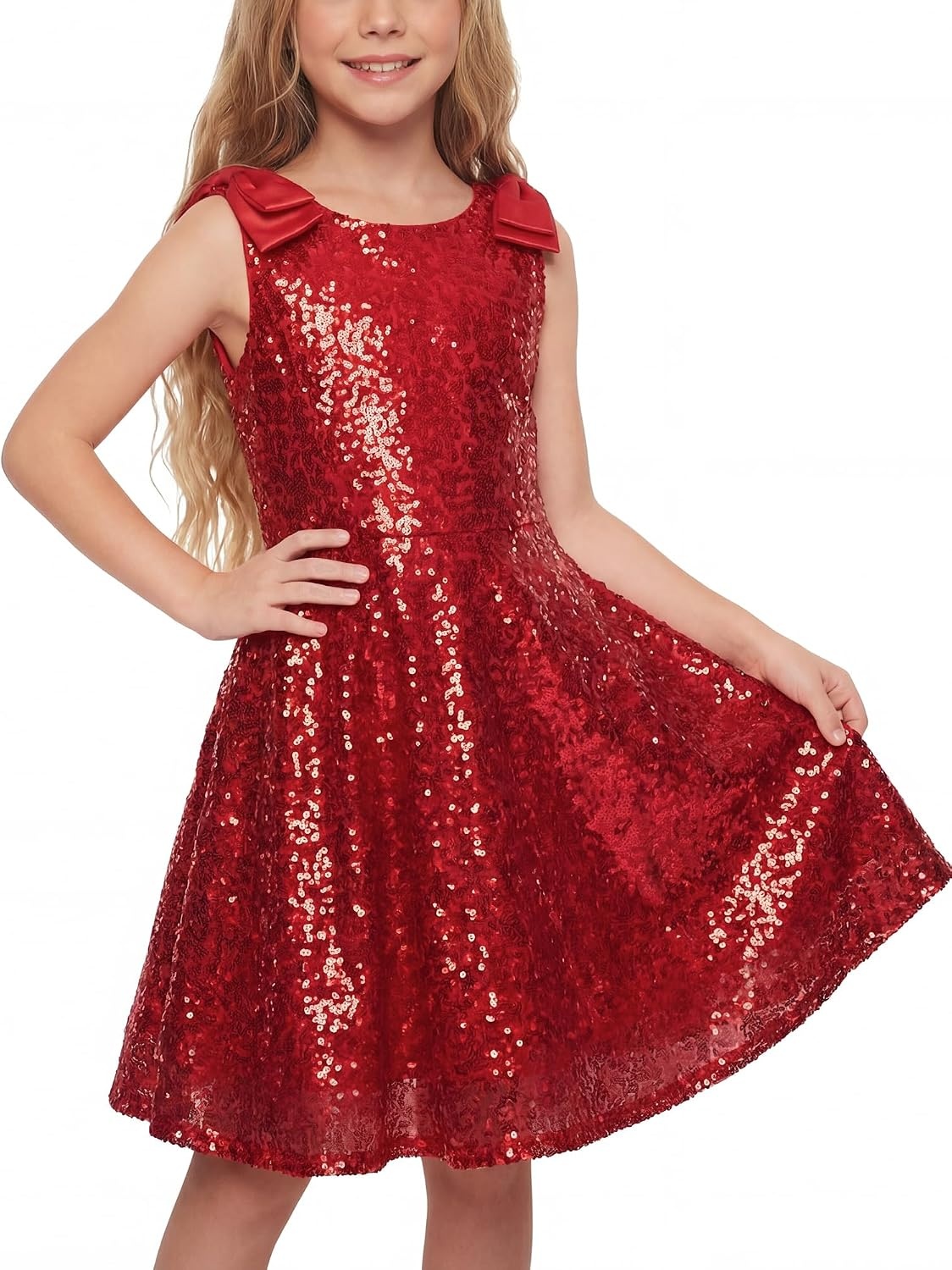 Stelle Girls Sequin Dress Sleeveless A-Line Sparkly Dresses 5-15 Y(Red)