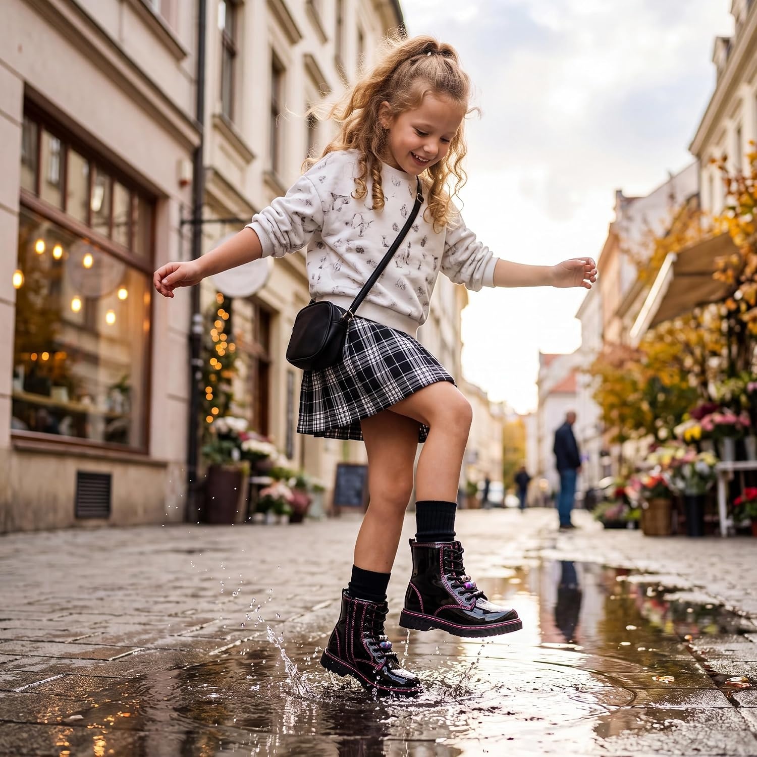 Stelle Girls Combat Boots with DIY Lace Up Side Zipper Ankle Boots(Publack Pat)
