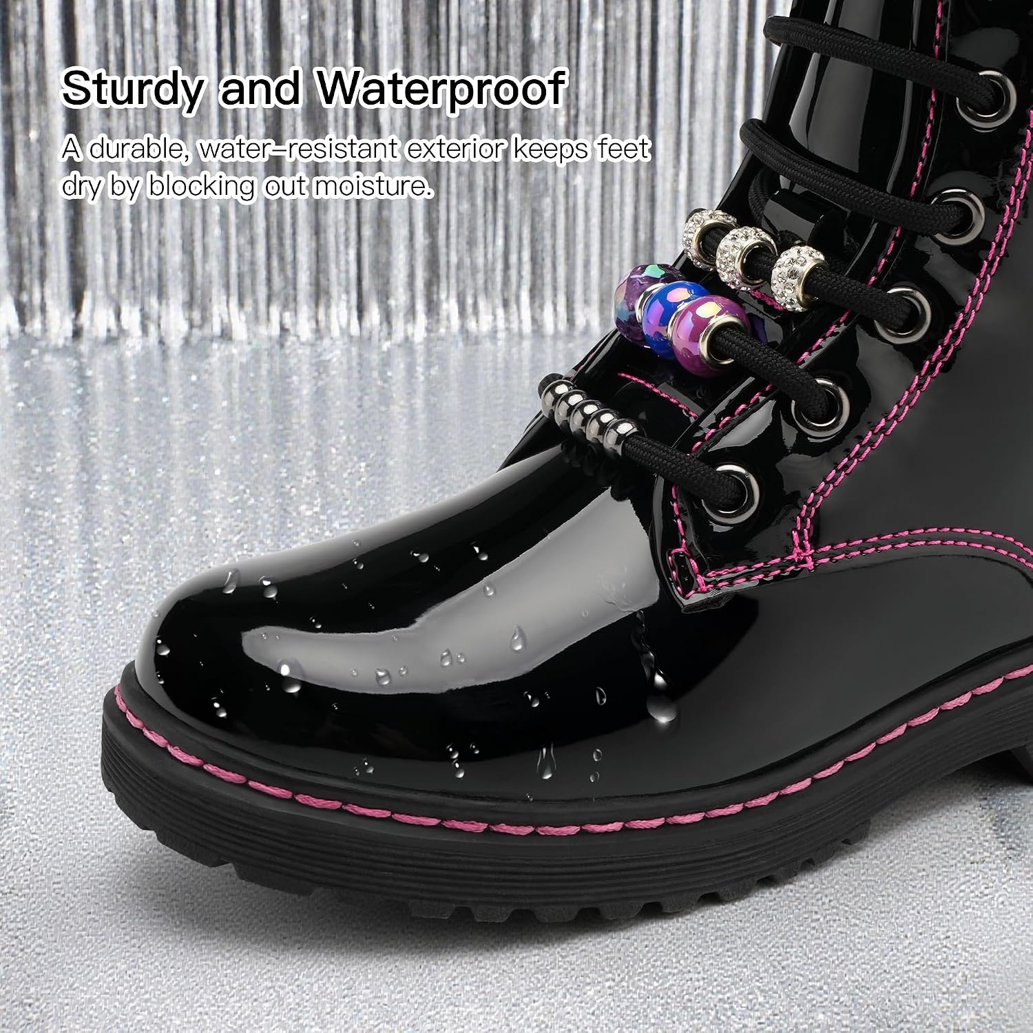 Stelle Girls Combat Boots with DIY Lace Up Side Zipper Ankle Boots(Publack Pat)